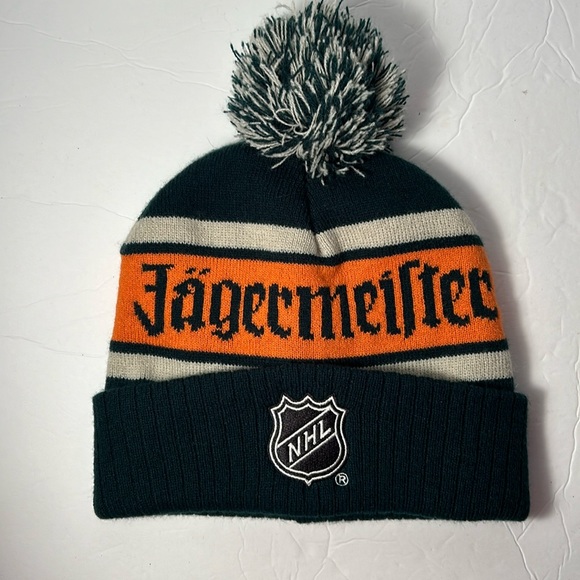 Jagermeister NHL Pompom Knit Beanie Taboggan Green Orange White One Size Hockey - Picture 1 of 4